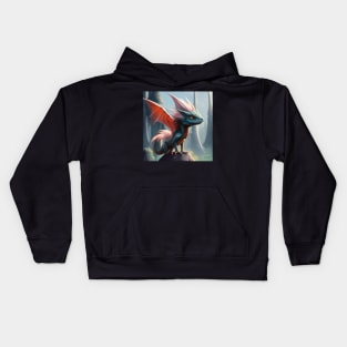 Fuzzy Young Blue Dragon with Pink Wings on a Rock Kids Hoodie